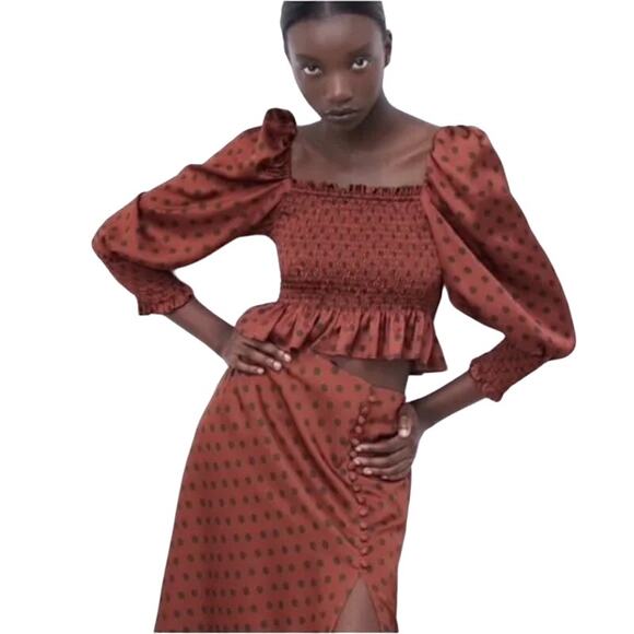Zara Satin Glam Smocked Polka Dot Puff Sleeve Blouse -‎ S EUC - Picture 1 of 16